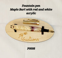 P0008 Maple Burl with red and white acrylic swirl Fountain Pen