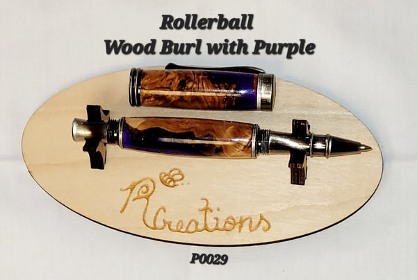 P0029 Wood burl with purple acrylic Rollerball Pen